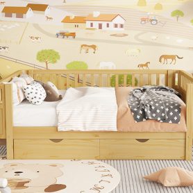 Wood Low Profile Full Bed with Rails and Drawers