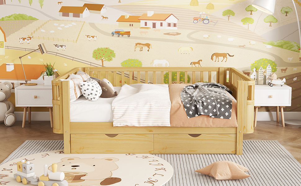 Wood Low Profile Full Bed with Rails and Drawers