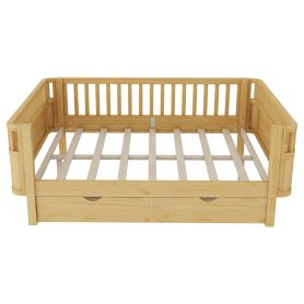 Wood Low Profile Full Bed with Rails and Drawers