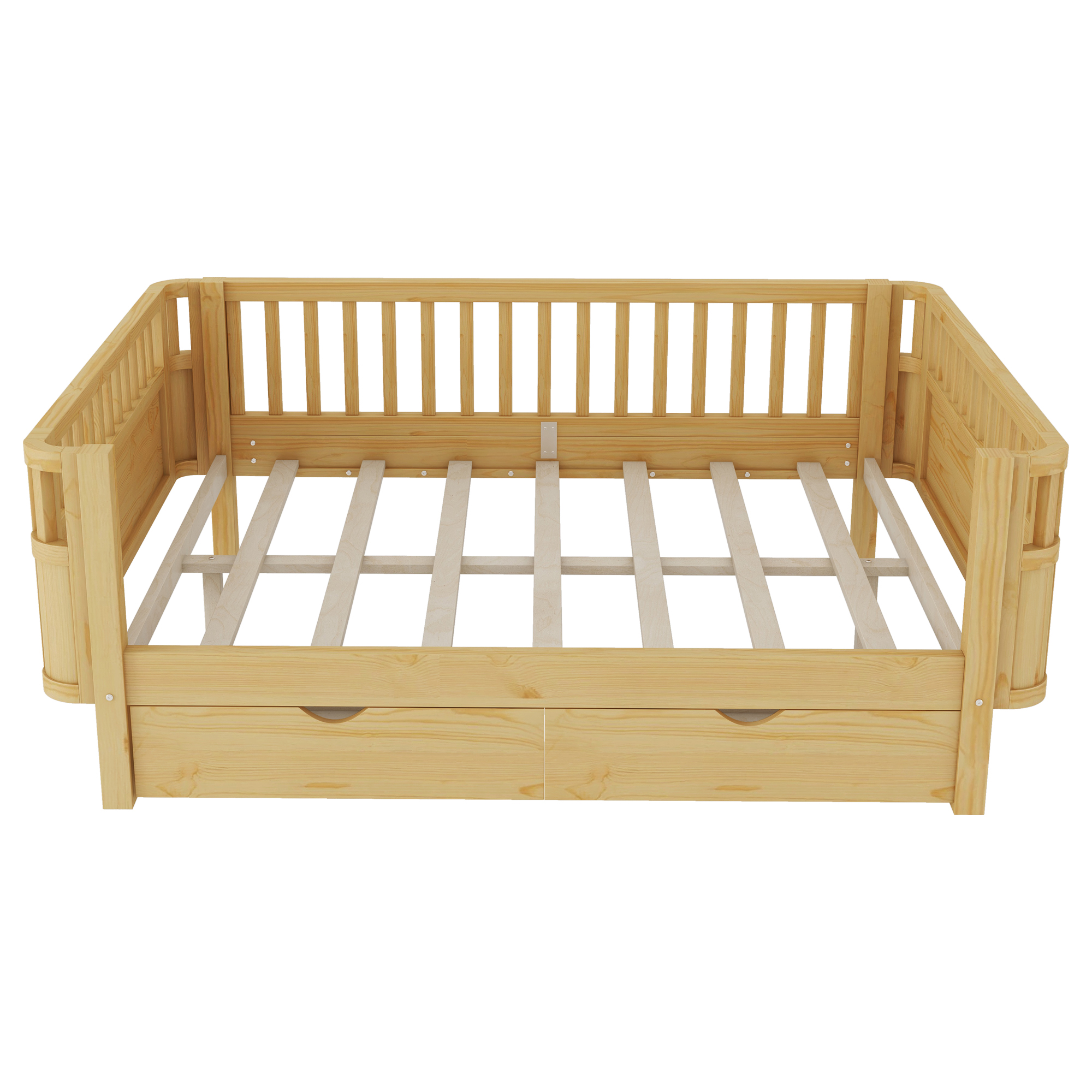 Wood Low Profile Full Bed with Rails and Drawers