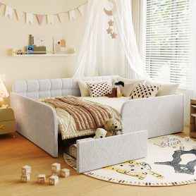 Full Size Boucl Fabric Daybed Frame With Storage Drawer