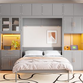 Full Size Murphy Bed With Storage Cabinets, Desk And Glass-door Hutch, USB & Power Outlet, LED Lighted Shelves