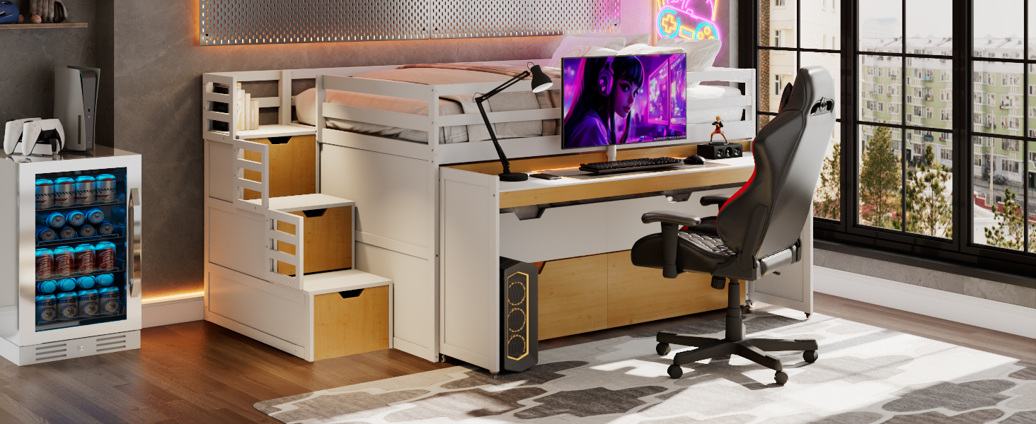 Full XL Loft Bed with Pull-Out Desk and Twin Trundle