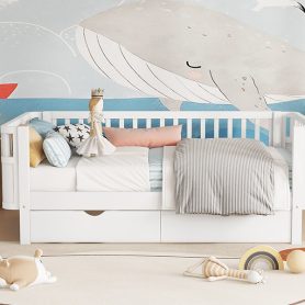 Wood Low Profile Twin Bed with Rails and Drawers