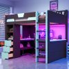 Full Size Wooden Gaming Loft Bed with U-Shaped Desk, Smart RGB LED Lights and USB Ports