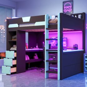 Full Size Wooden Gaming Loft Bed with U-Shaped Desk, Smart RGB LED Lights and USB Ports