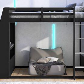 Full Size Wooden Gaming Bunk Bed with Desk,Two Storage Shelves,USB and LED Light
