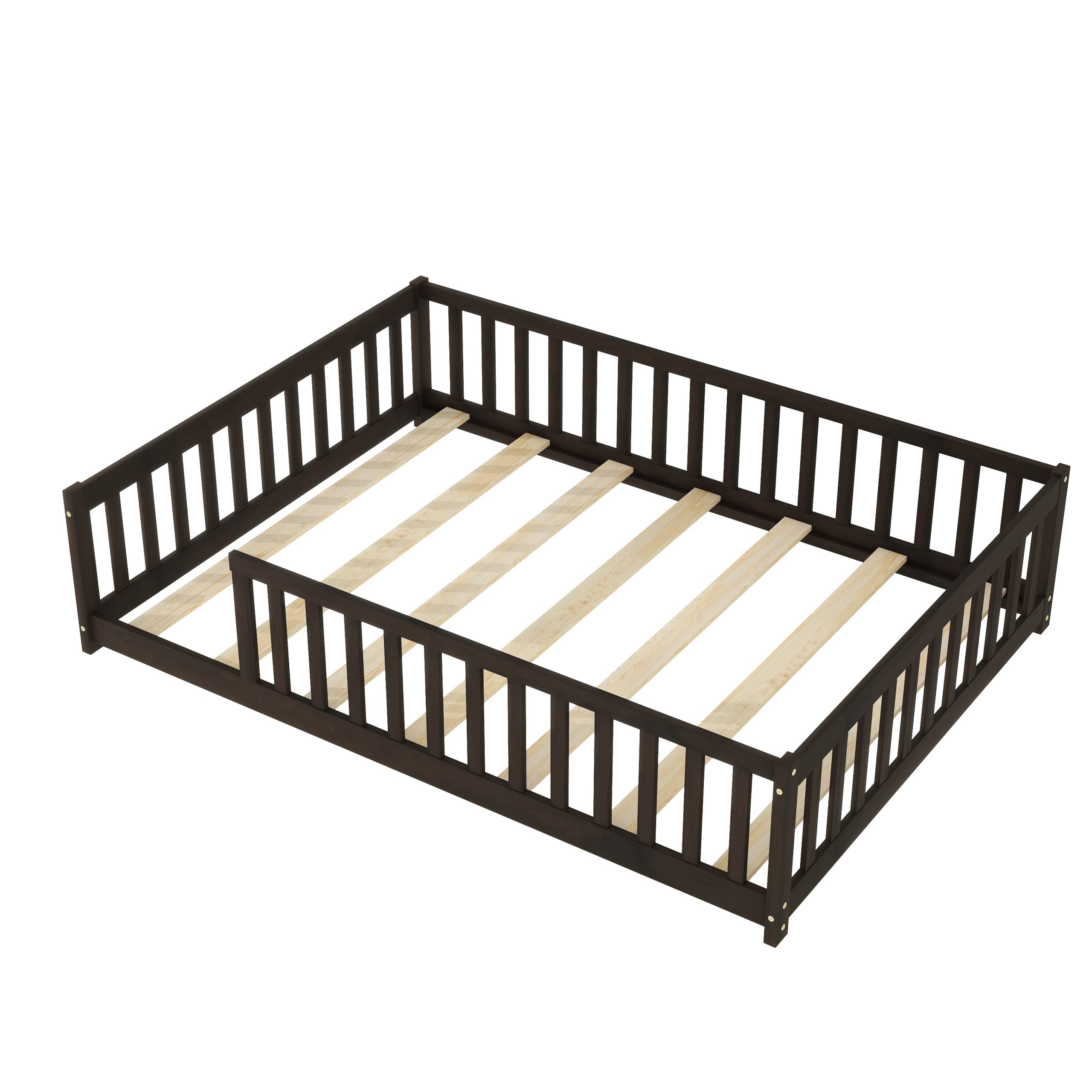 Rubber Wood Full Size Floor Bed with Fence without Door