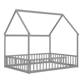 Full Size House Floor Bed With Roof Frame and Safety Guardrails