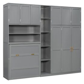 Twin Size Murphy Cabinet Bed With Wardrobe & Storage Shelves, 5-Tier LED Display Shelves, Overhead Cabinets