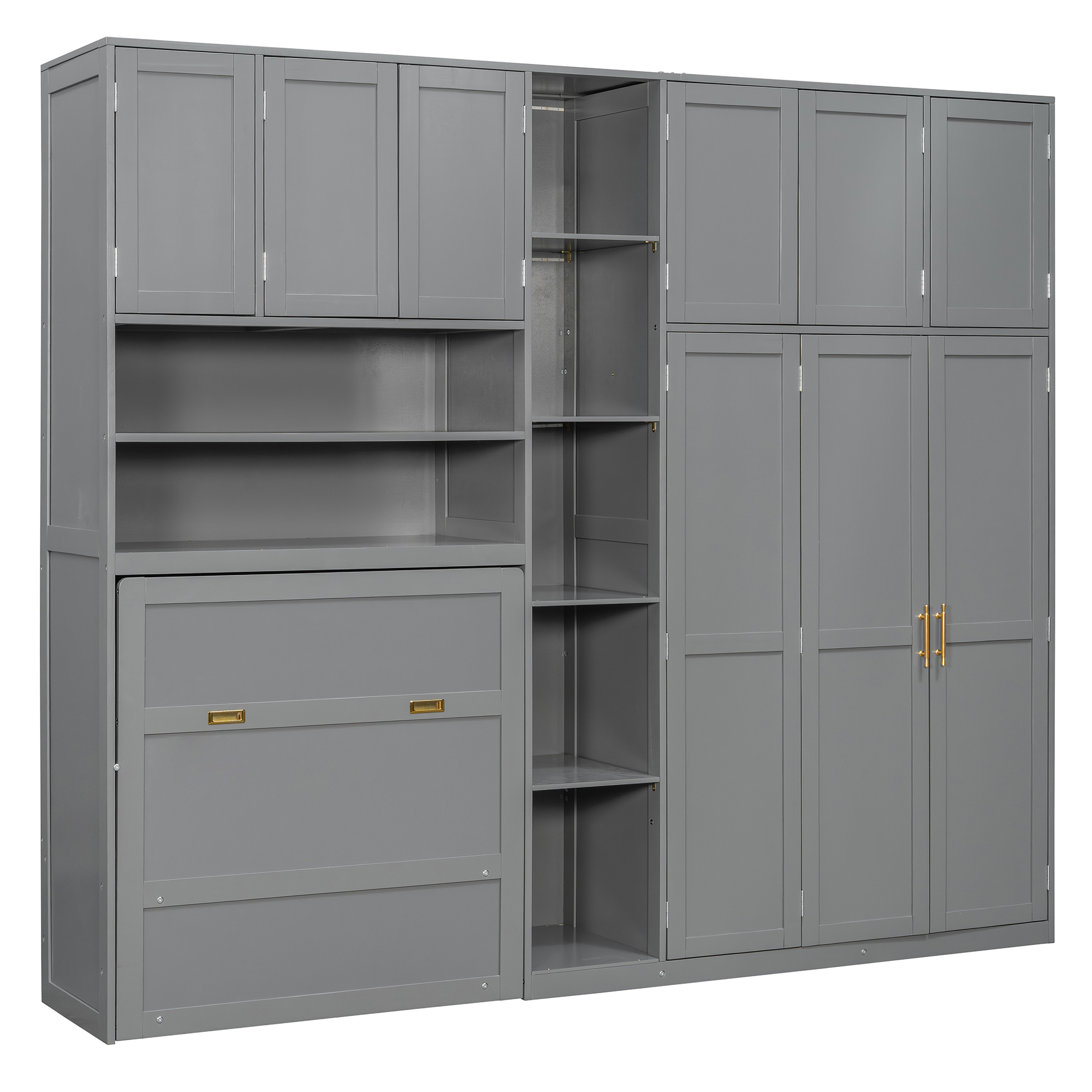 Twin Size Murphy Cabinet Bed With Wardrobe & Storage Shelves, 5-Tier LED Display Shelves, Overhead Cabinets
