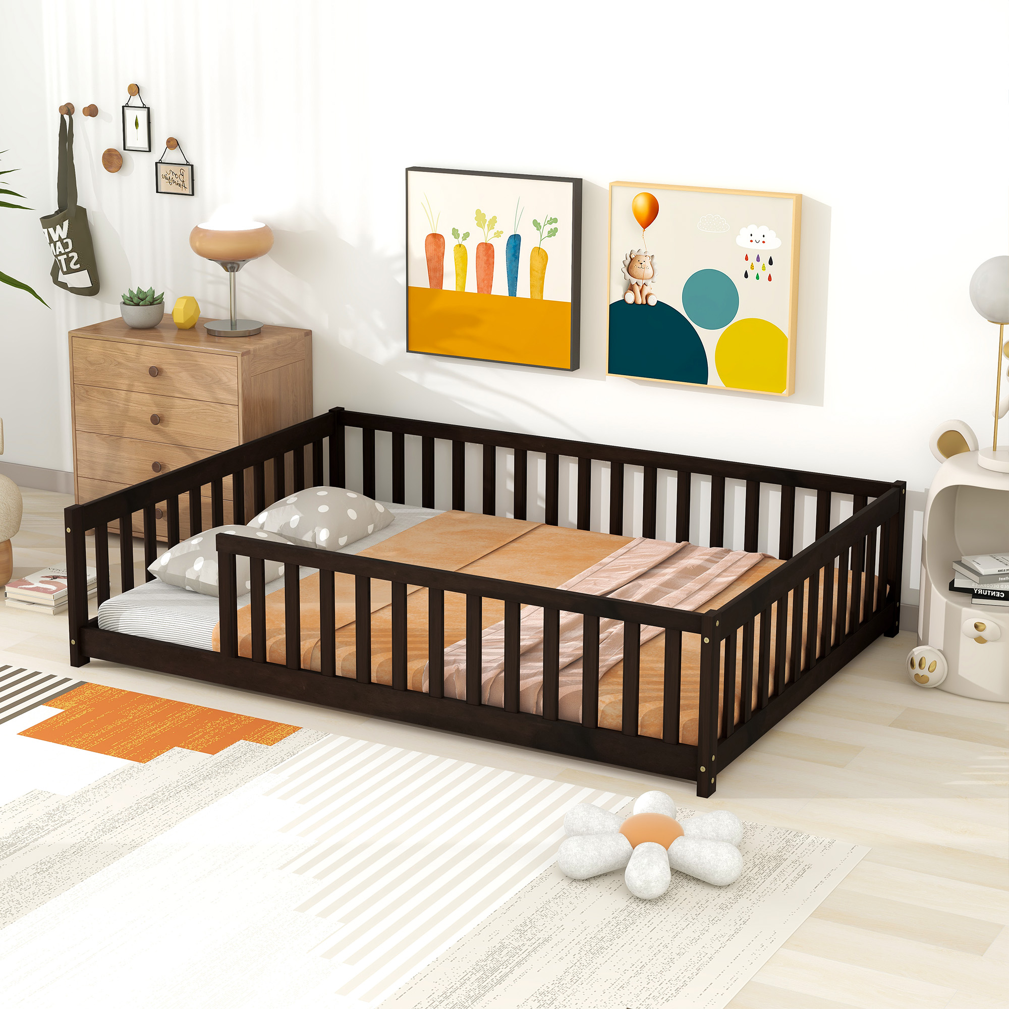 Rubber Wood Full Size Floor Bed with Fence without Door