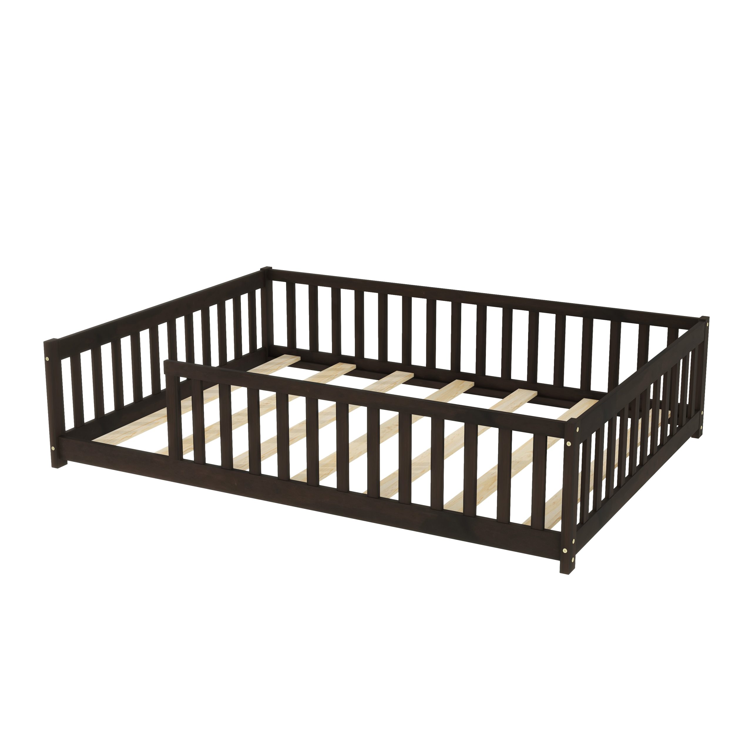 Rubber Wood Full Size Floor Bed with Fence without Door