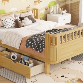 Wood Low Profile Full Bed with Rails and Drawers