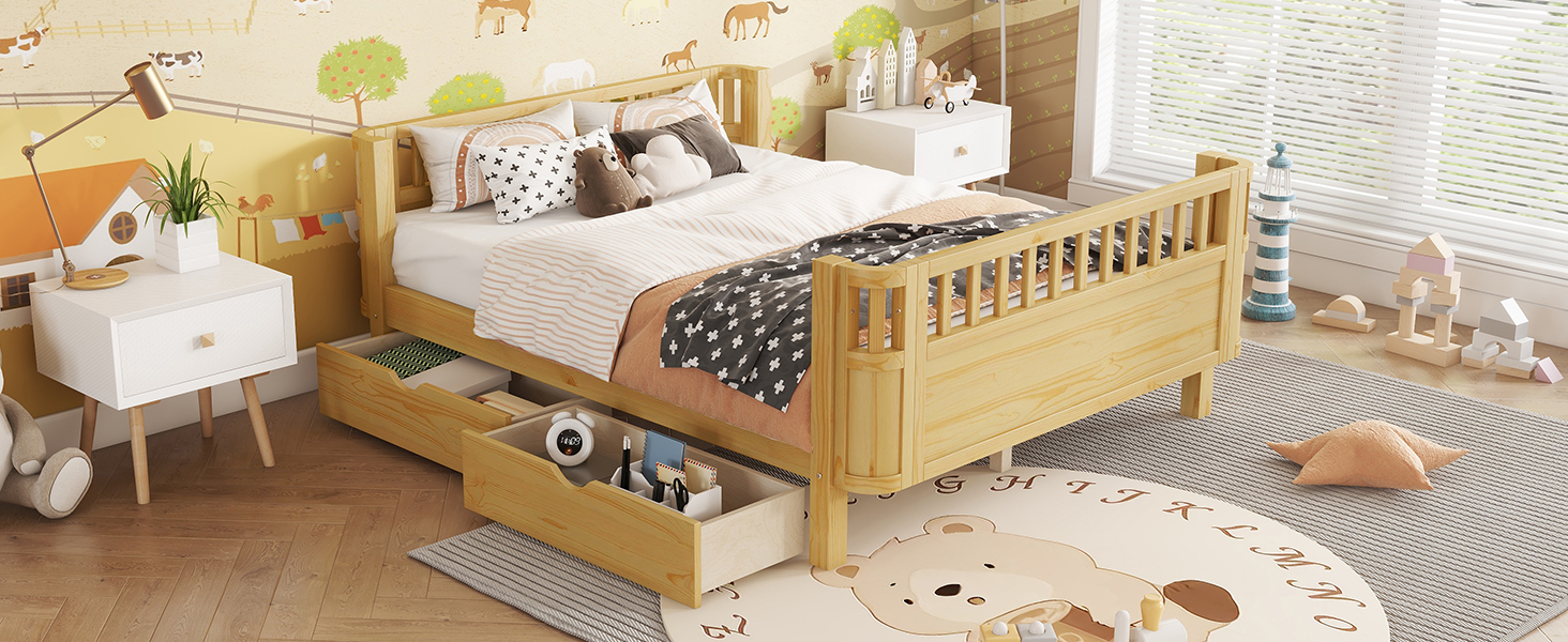 Wood Low Profile Full Bed with Rails and Drawers