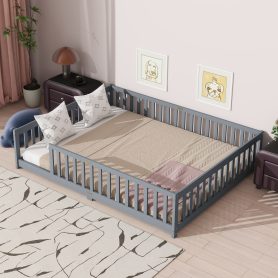Rubber Wood Queen Size Floor Bed with Fence without Door