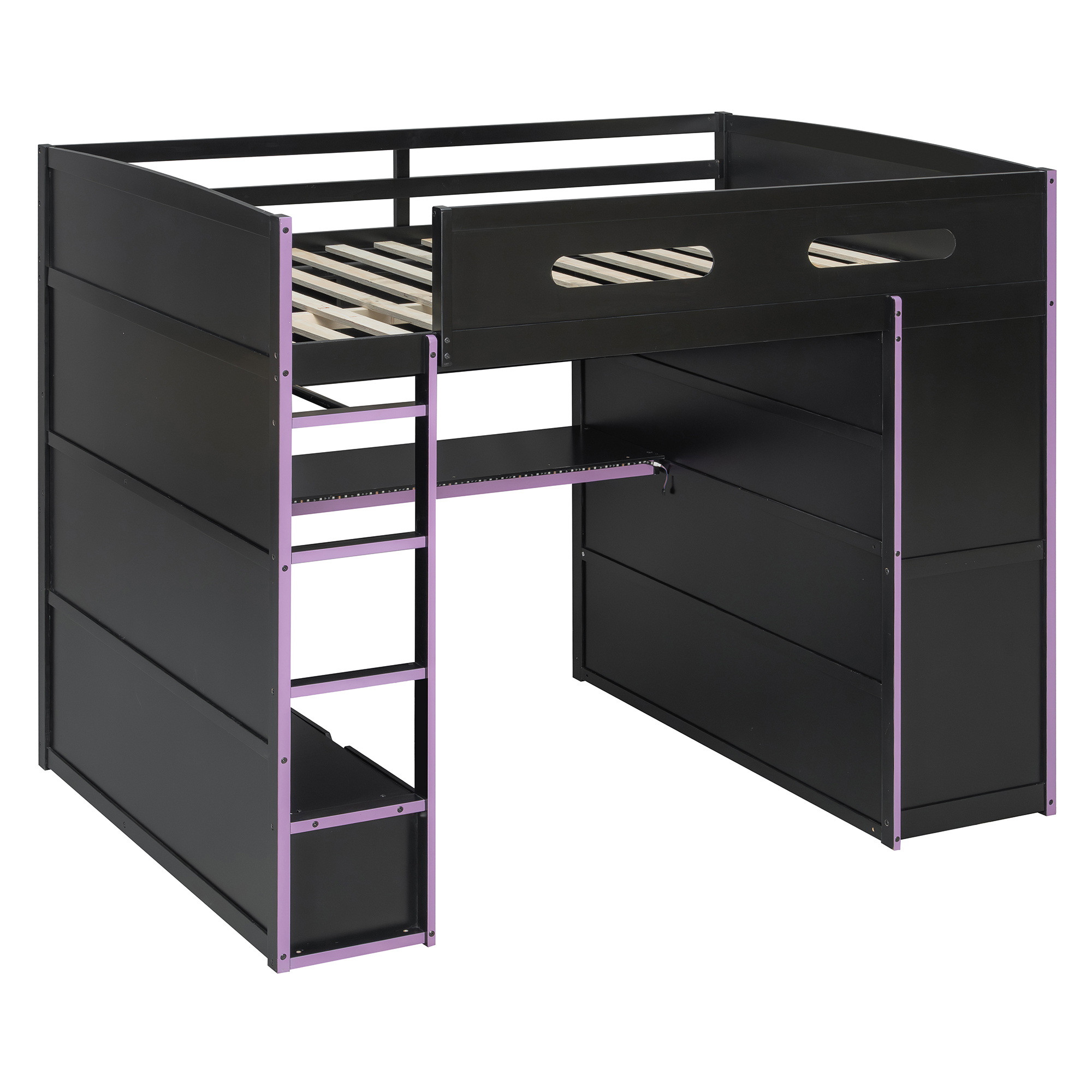 Wood Full Size Loft Bed with Desk, Multi-Storage Shelves and RGB Light