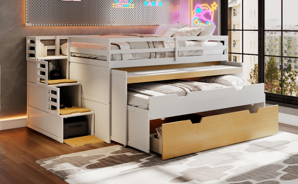 Full XL Loft Bed with Pull-Out Desk and Twin Trundle