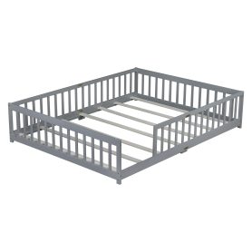 Rubber Wood Queen Size Floor Bed with Fence without Door