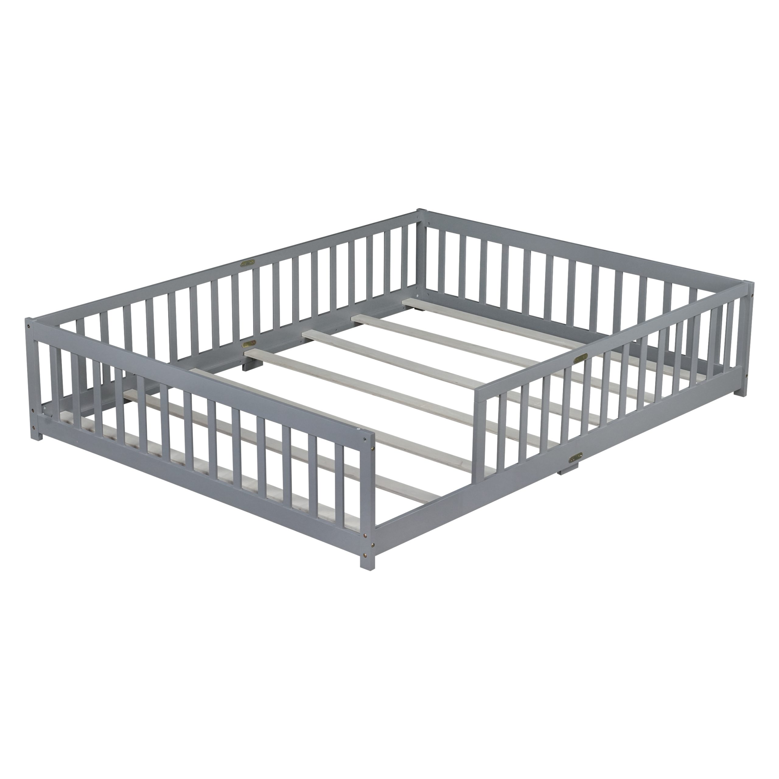 Rubber Wood Queen Size Floor Bed with Fence without Door