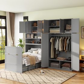 Twin Size Murphy Cabinet Bed With Wardrobe & Storage Shelves, 5-Tier LED Display Shelves, Overhead Cabinets