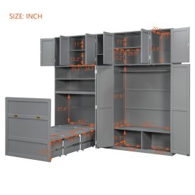 Twin Size Murphy Cabinet Bed With Wardrobe & Storage Shelves, 5-Tier LED Display Shelves, Overhead Cabinets