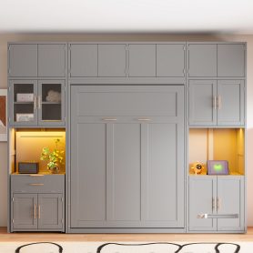 Full Size Murphy Bed With Storage Cabinets, Desk And Glass-door Hutch, USB & Power Outlet, LED Lighted Shelves