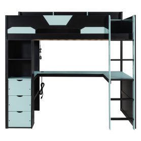 Full Size Wooden Gaming Loft Bed with U-Shaped Desk, Smart RGB LED Lights and USB Ports