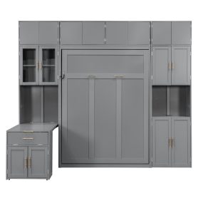 Full Size Murphy Bed With Storage Cabinets, Desk And Glass-door Hutch, USB & Power Outlet, LED Lighted Shelves