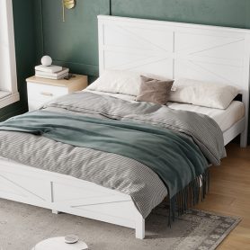 Farmhouse Style Queen Size Bed with Barn Door Designed Headboard and Footboard