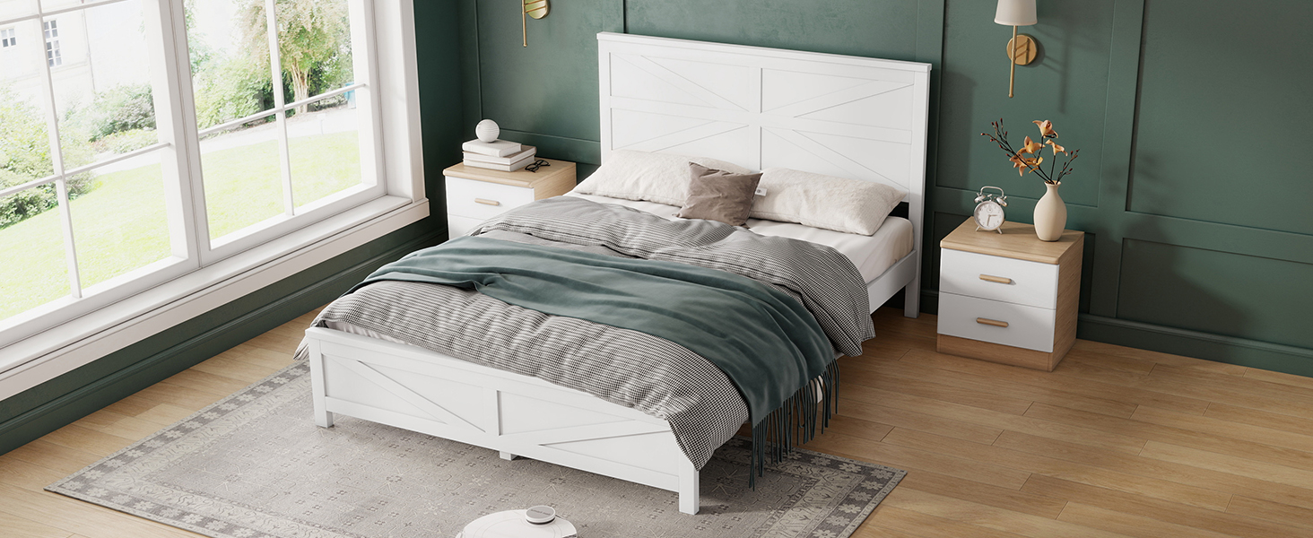 Farmhouse Style Queen Size Bed with Barn Door Designed Headboard and Footboard
