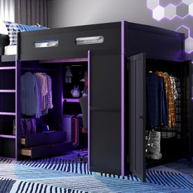 Wood Full Size Loft Bed with Desk, Multi-Storage Shelves and RGB Light