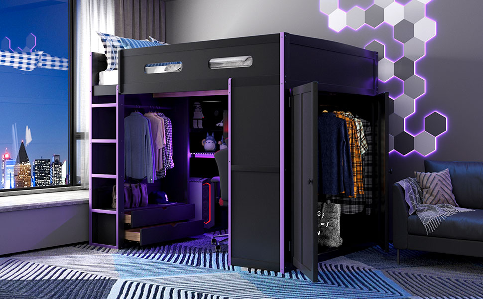 Wood Full Size Loft Bed with Desk, Multi-Storage Shelves and RGB Light