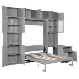 Full Size Murphy Bed With Storage Cabinets, Desk And Glass-door Hutch, USB & Power Outlet, LED Lighted Shelves