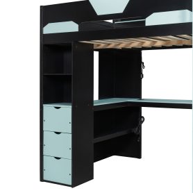 Full Size Wooden Gaming Loft Bed with U-Shaped Desk, Smart RGB LED Lights and USB Ports