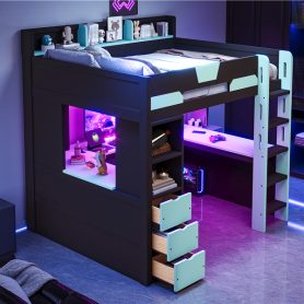Full Size Wooden Gaming Loft Bed with U-Shaped Desk, Smart RGB LED Lights and USB Ports