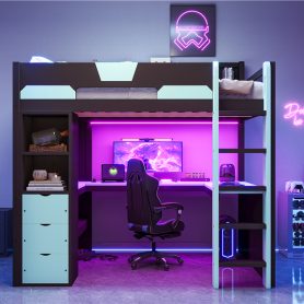 Full Size Wooden Gaming Loft Bed with U-Shaped Desk, Smart RGB LED Lights and USB Ports