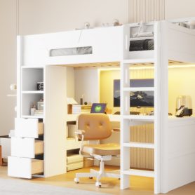 Twin Size Wooden Gaming Loft Bed with U-Shaped Desk, Smart RGB LED Lights and USB Ports