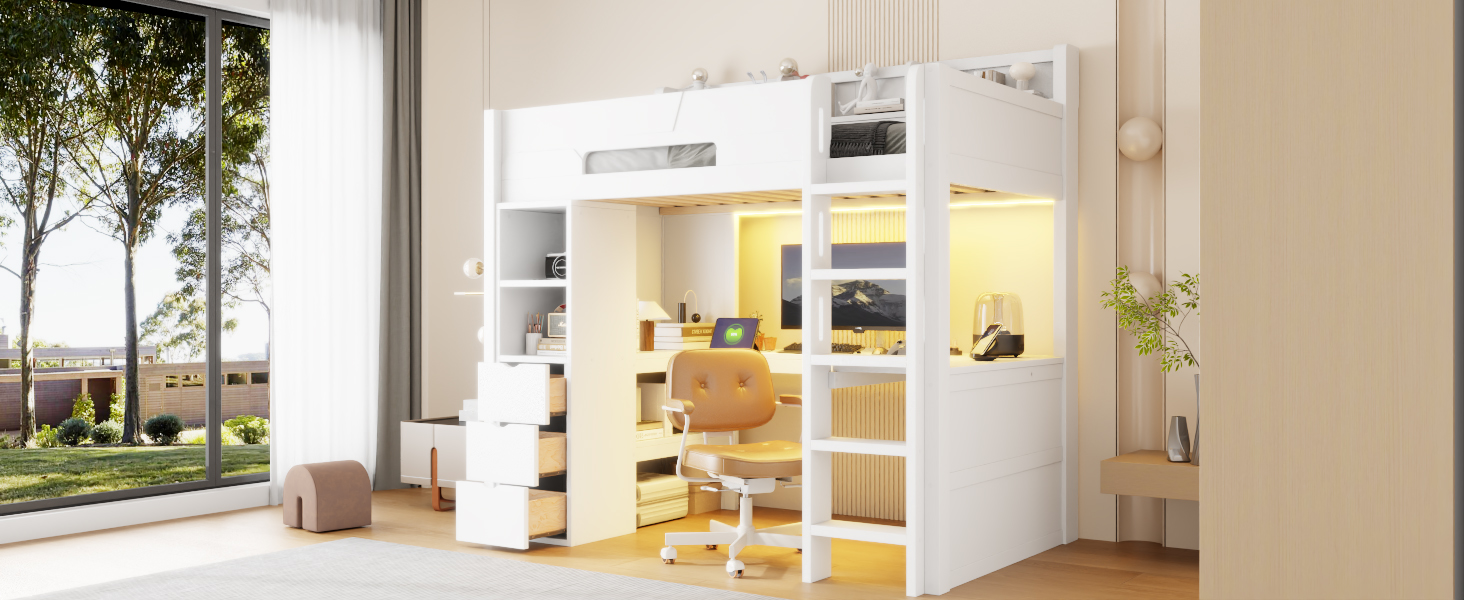 Twin Size Wooden Gaming Loft Bed with U-Shaped Desk, Smart RGB LED Lights and USB Ports