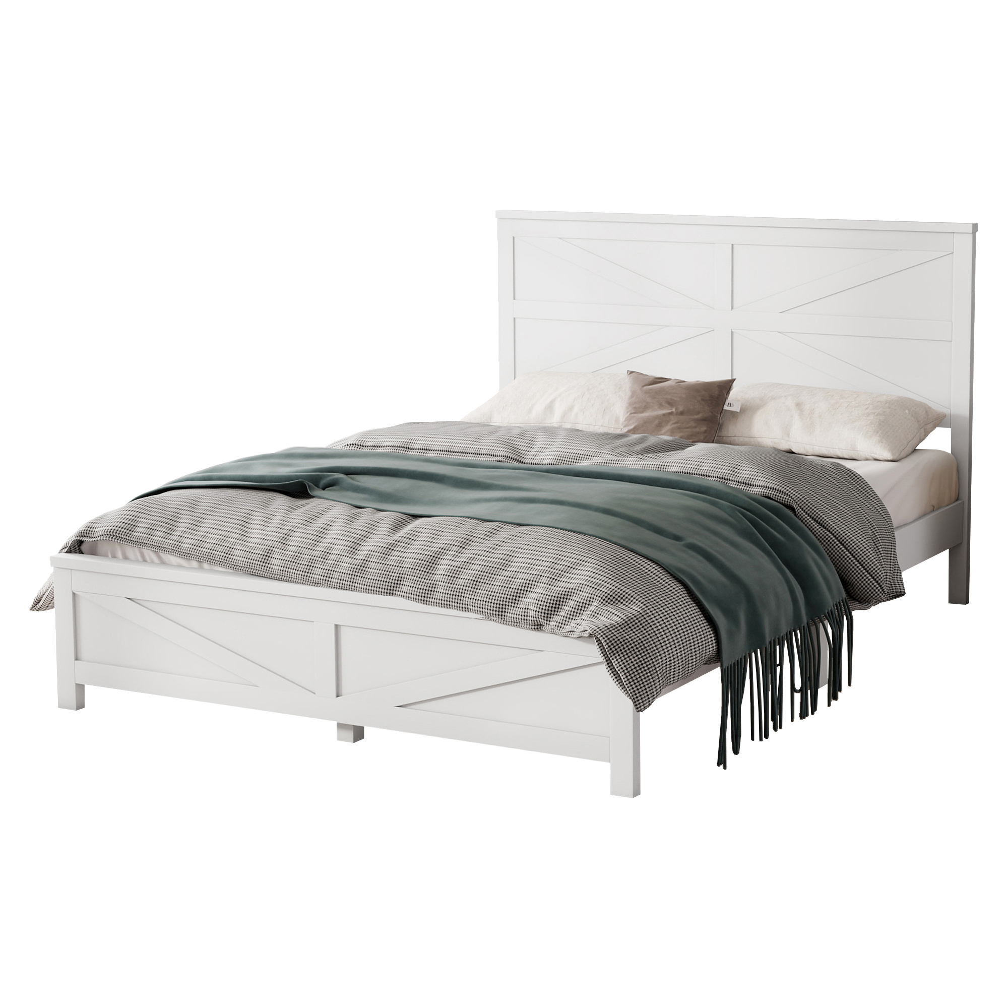 Farmhouse Style Queen Size Bed with Barn Door Designed Headboard and Footboard