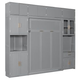 Full Size Murphy Bed With Storage Cabinets, Desk And Glass-door Hutch, USB & Power Outlet, LED Lighted Shelves
