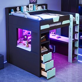 Full Size Wooden Gaming Loft Bed with U-Shaped Desk, Smart RGB LED Lights and USB Ports
