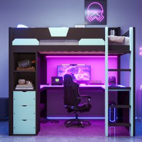 Full Size Wooden Gaming Loft Bed with U-Shaped Desk, Smart RGB LED Lights and USB Ports