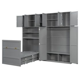 Twin Size Murphy Cabinet Bed With Wardrobe & Storage Shelves, 5-Tier LED Display Shelves, Overhead Cabinets