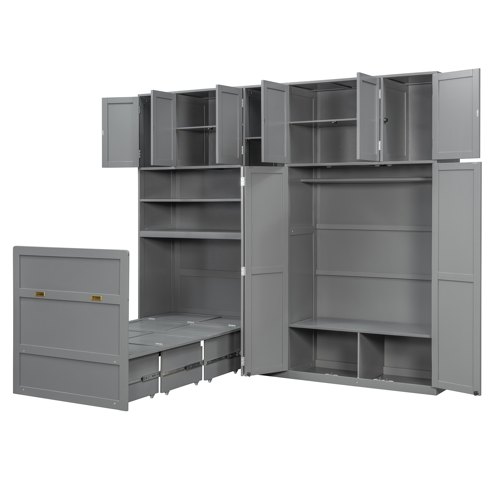 Twin Size Murphy Cabinet Bed With Wardrobe & Storage Shelves, 5-Tier LED Display Shelves, Overhead Cabinets