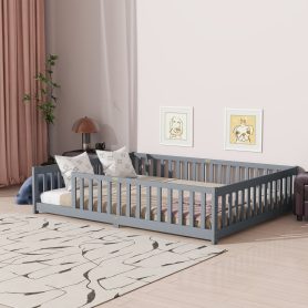Rubber Wood Queen Size Floor Bed with Fence without Door