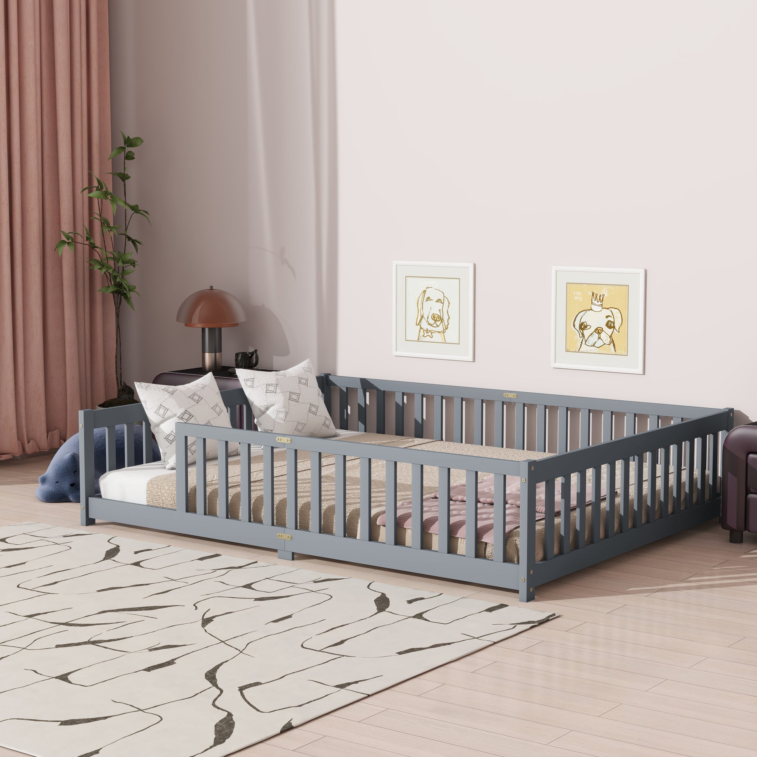 Rubber Wood Queen Size Floor Bed with Fence without Door