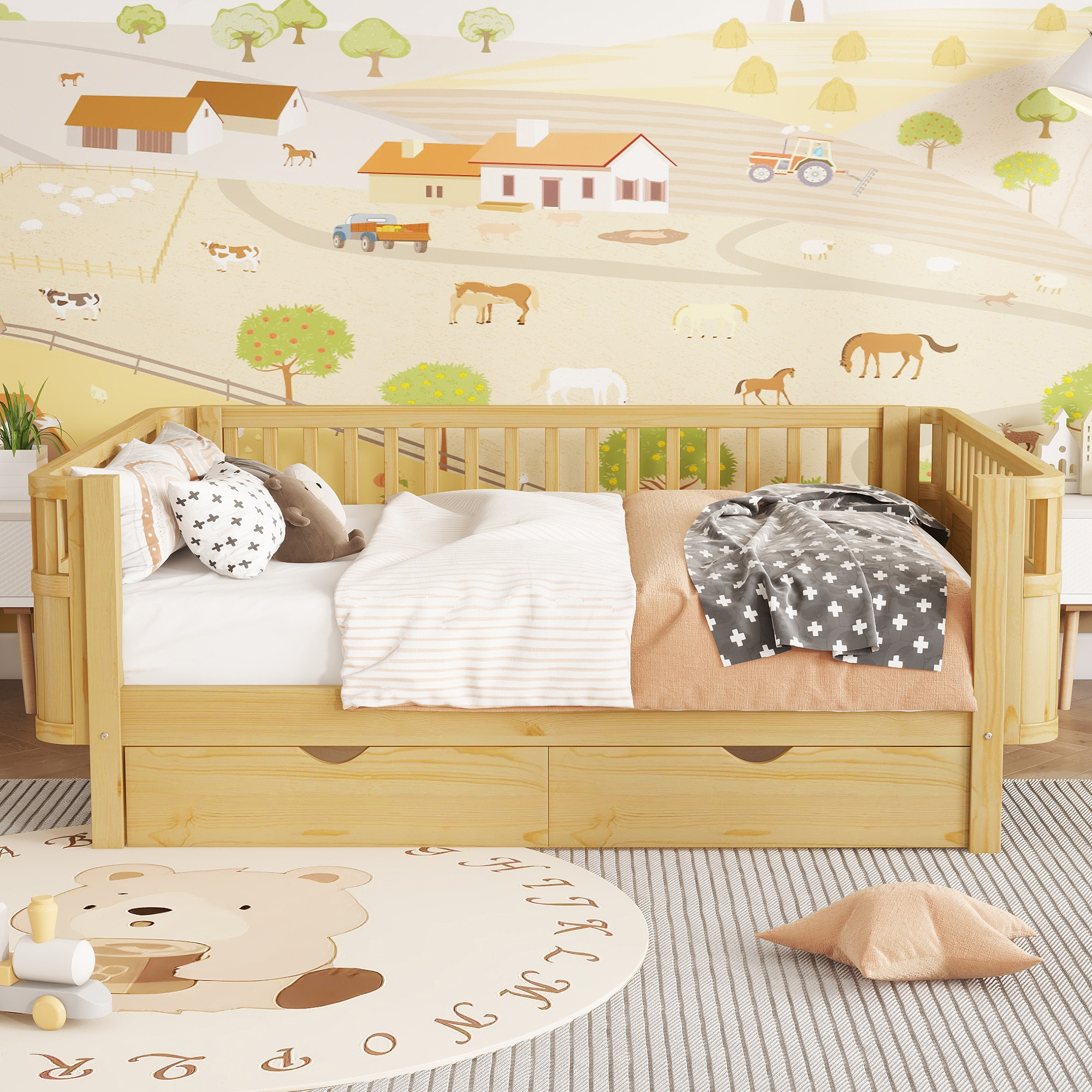 Wood Low Profile Full Bed with Rails and Drawers