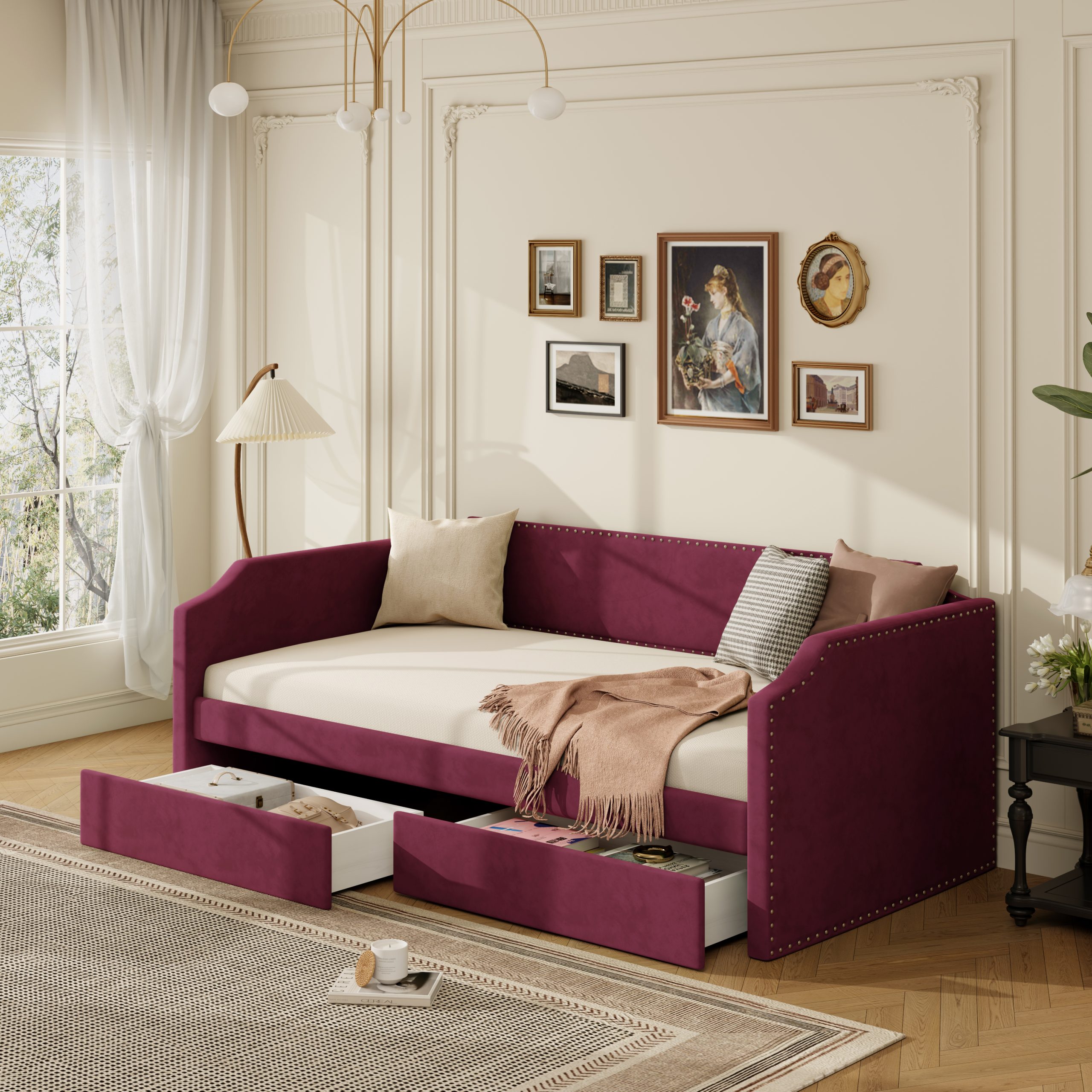 Twin Size Velvet Upholstered Daybed with 2 Drawers