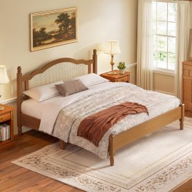 King Size Wooden Platform Bed with Natural Rattan Headboard
